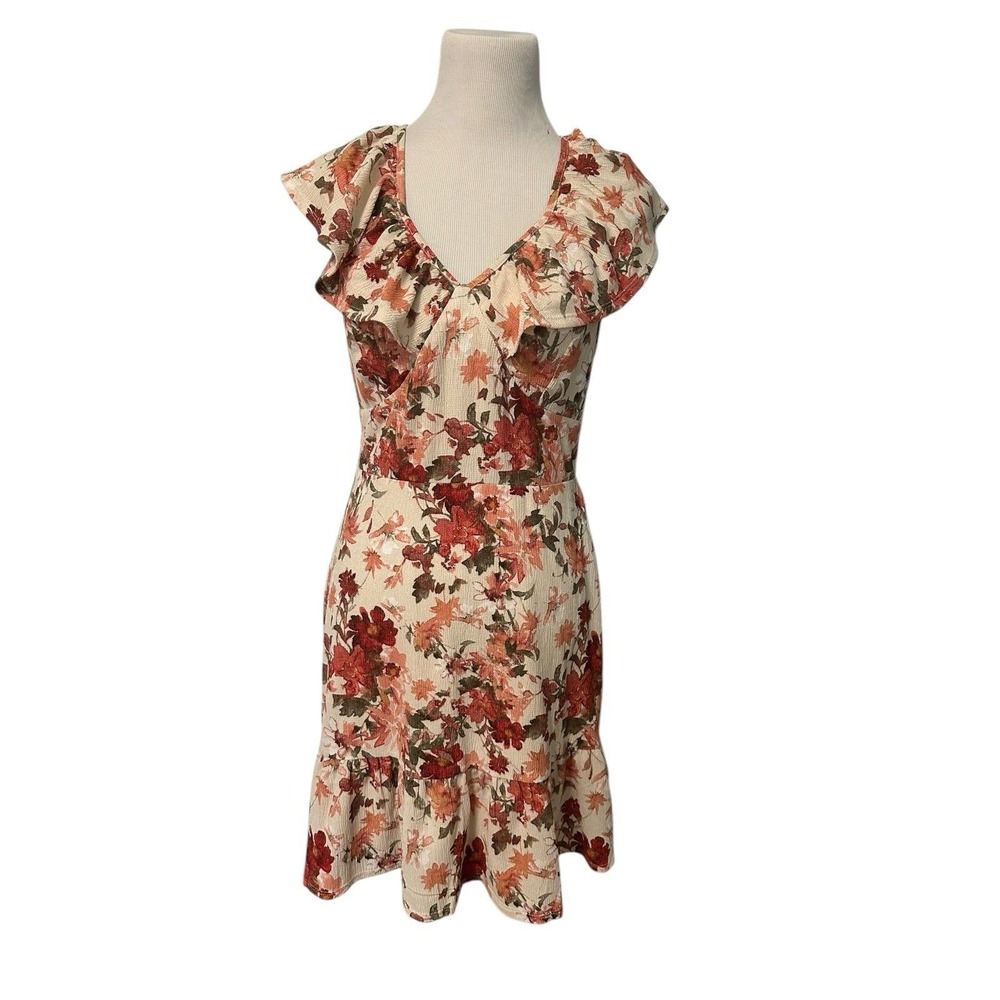 Cato Floral Mini Dress Womens M Beige Red Ruffle V-Neck Fit & Flare Sundress